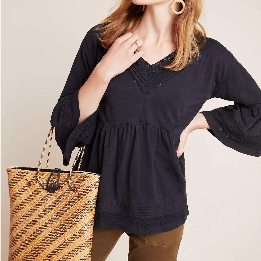 Anthropologie Black Siobhan Babydoll Top Lace Trim V-Neck Bell Sleeve Womens XL